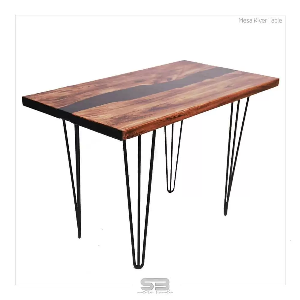 Mesa  River Table Resinada de Jantar MOLDAVIA -  Madeira Maciça e Pés de ferro 1,10 X 0,60 