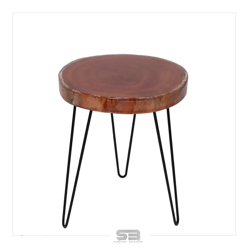 Mesa Resinada de Centro/ Cabeceira Vaduz - Madeira Maciça e Pés de ferro Diâmetro 48 CM